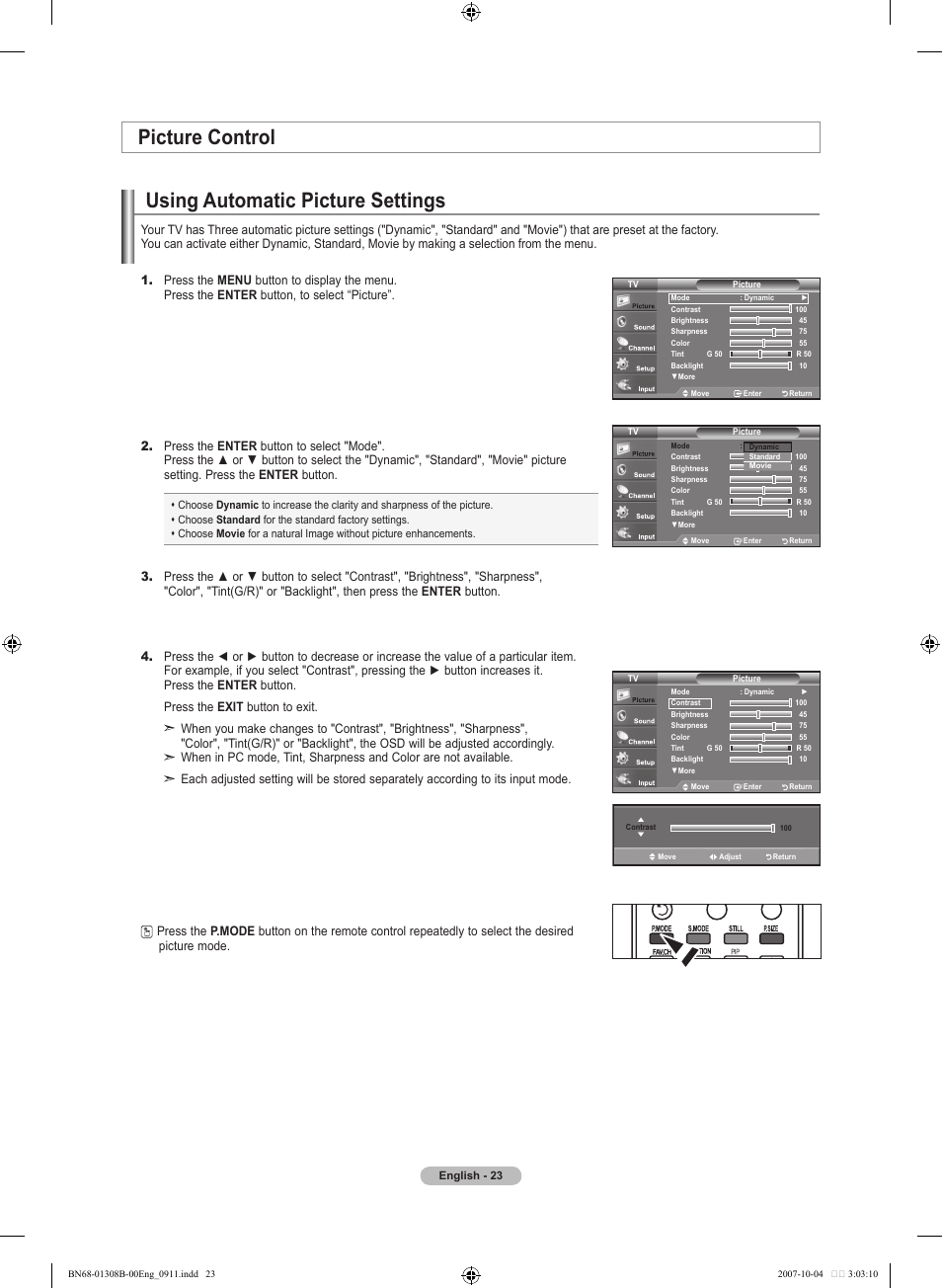 Picture control, Using automatic picture settings | Samsung LNT7081FX-XAA User Manual | Page 25 / 266