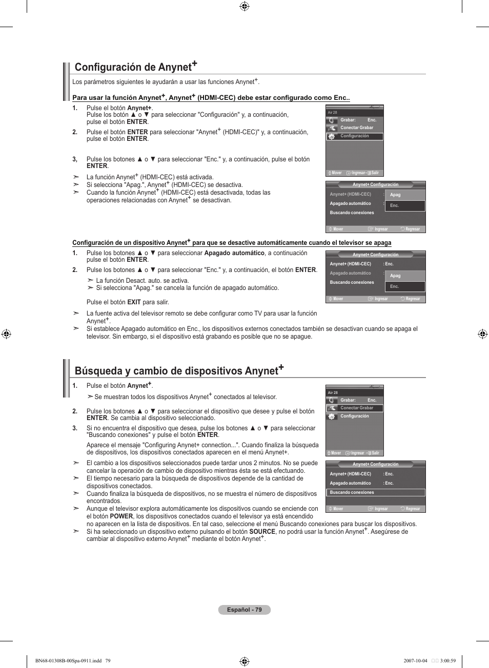 Configuración de anynet, Búsqueda y cambio de dispositivos anynet | Samsung LNT7081FX-XAA User Manual | Page 257 / 266