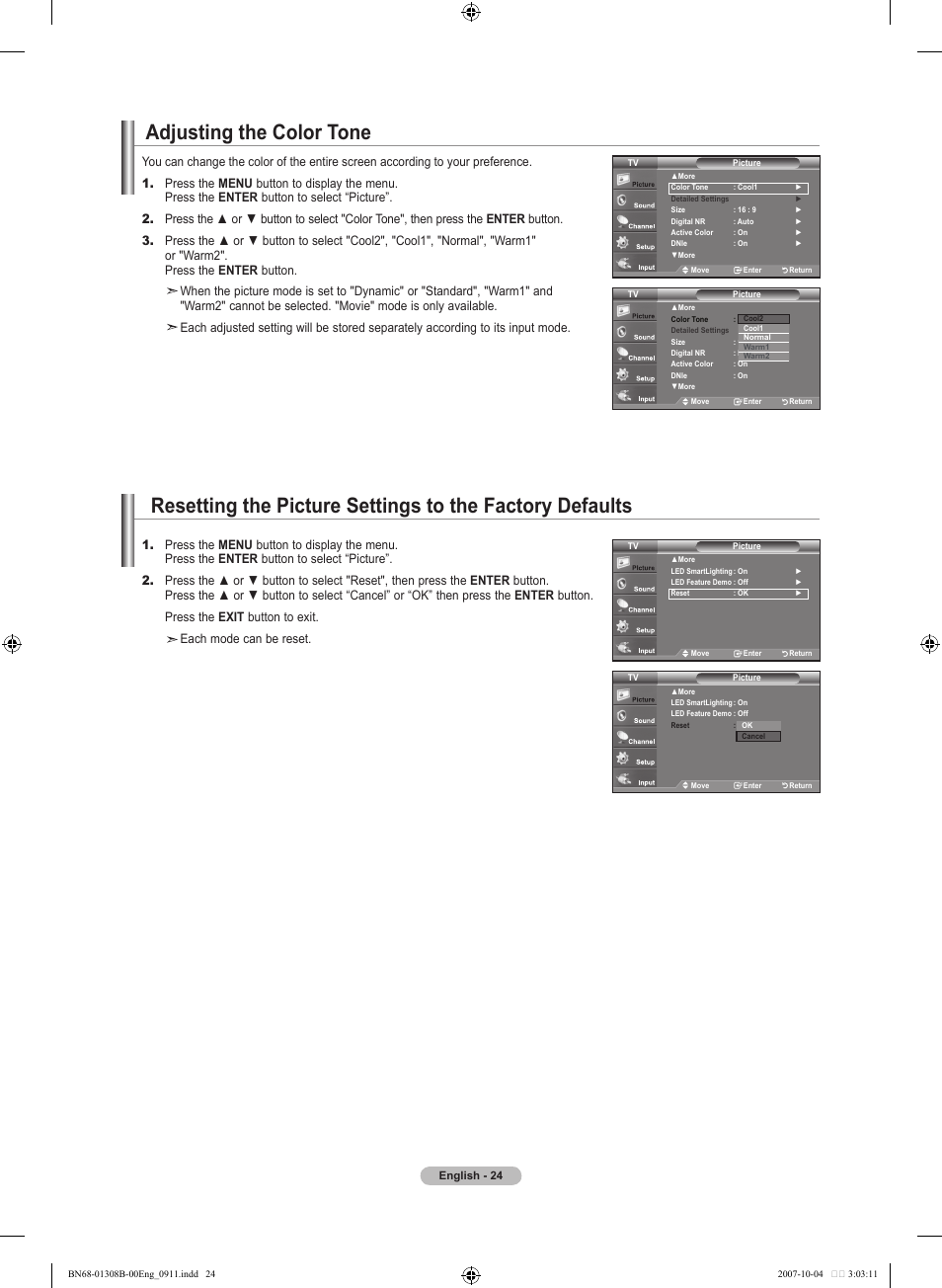 Adjusting the color tone, Using automatic picture settings | Samsung LNT7081FX-XAA User Manual | Page 26 / 266
