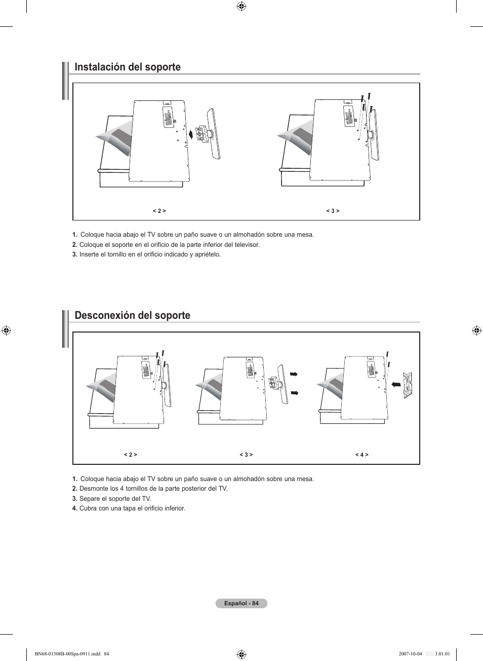 Instalación del soporte, Desconexión del soporte | Samsung LNT7081FX-XAA User Manual | Page 262 / 266