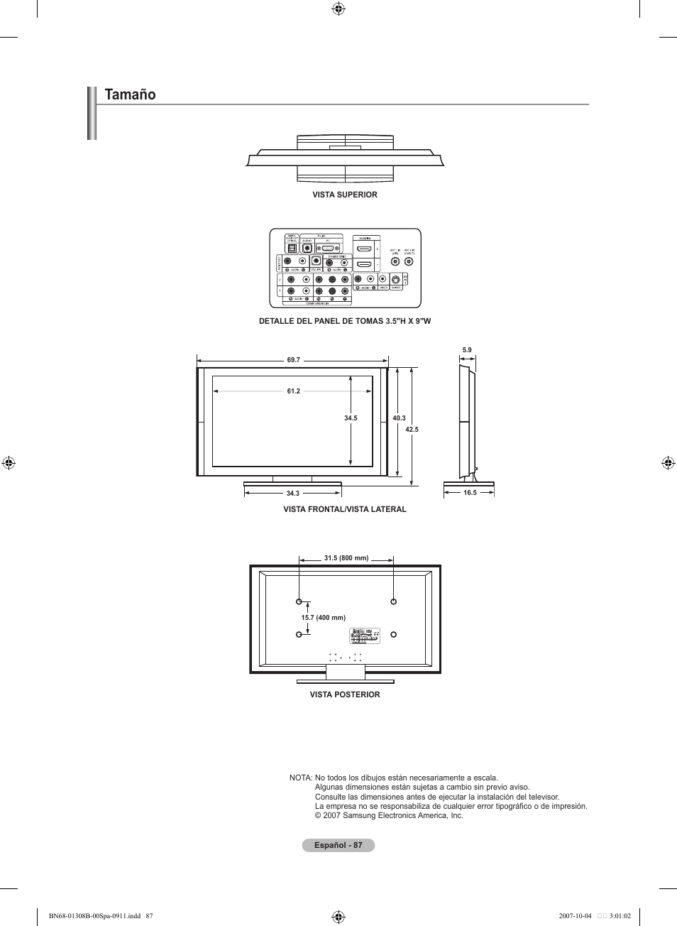 Tamaño | Samsung LNT7081FX-XAA User Manual | Page 265 / 266