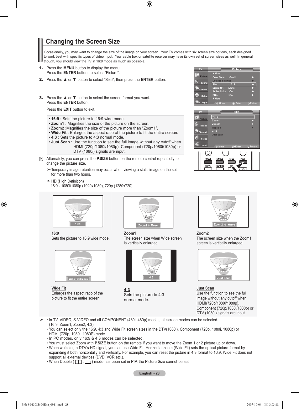 Changing the screen size, Adjusting the detailed settings | Samsung LNT7081FX-XAA User Manual | Page 30 / 266