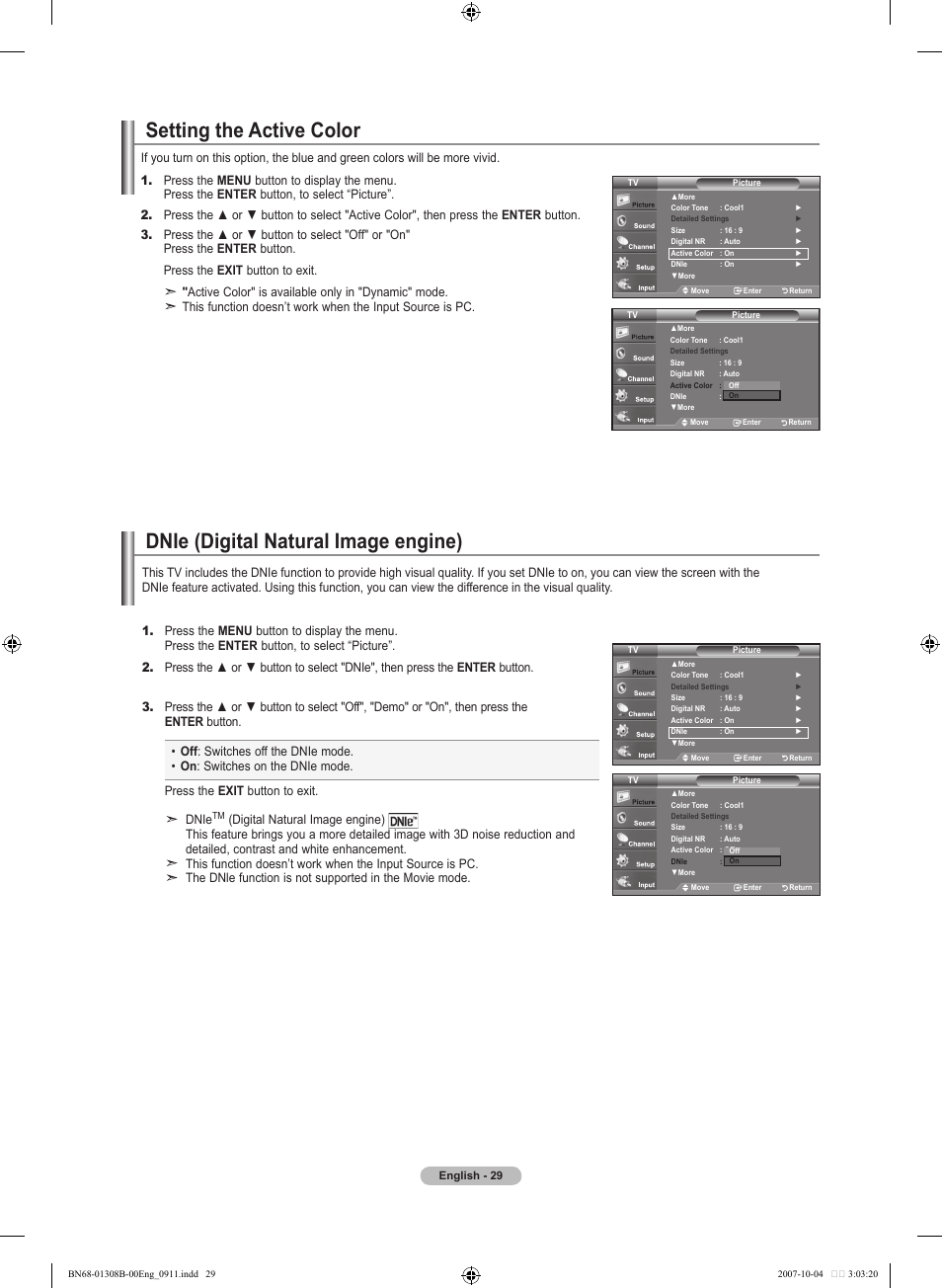 Setting the active color, Dnie (digital natural image engine), Changing the screen size | Samsung LNT7081FX-XAA User Manual | Page 31 / 266