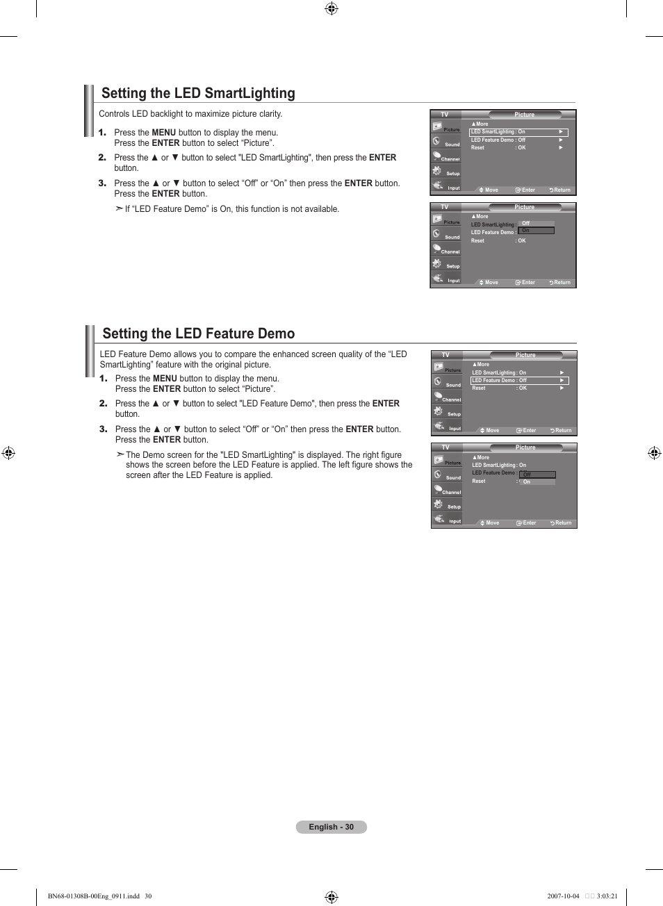 Setting the led smartlighting, Setting the led feature demo, Dnie (digital natural image engine) | Samsung LNT7081FX-XAA User Manual | Page 32 / 266