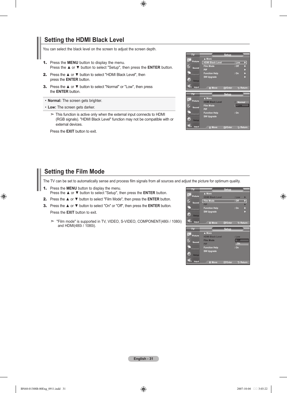 Setting the hdmi black level, Setting the film mode, Setting the led feature demo | Samsung LNT7081FX-XAA User Manual | Page 33 / 266