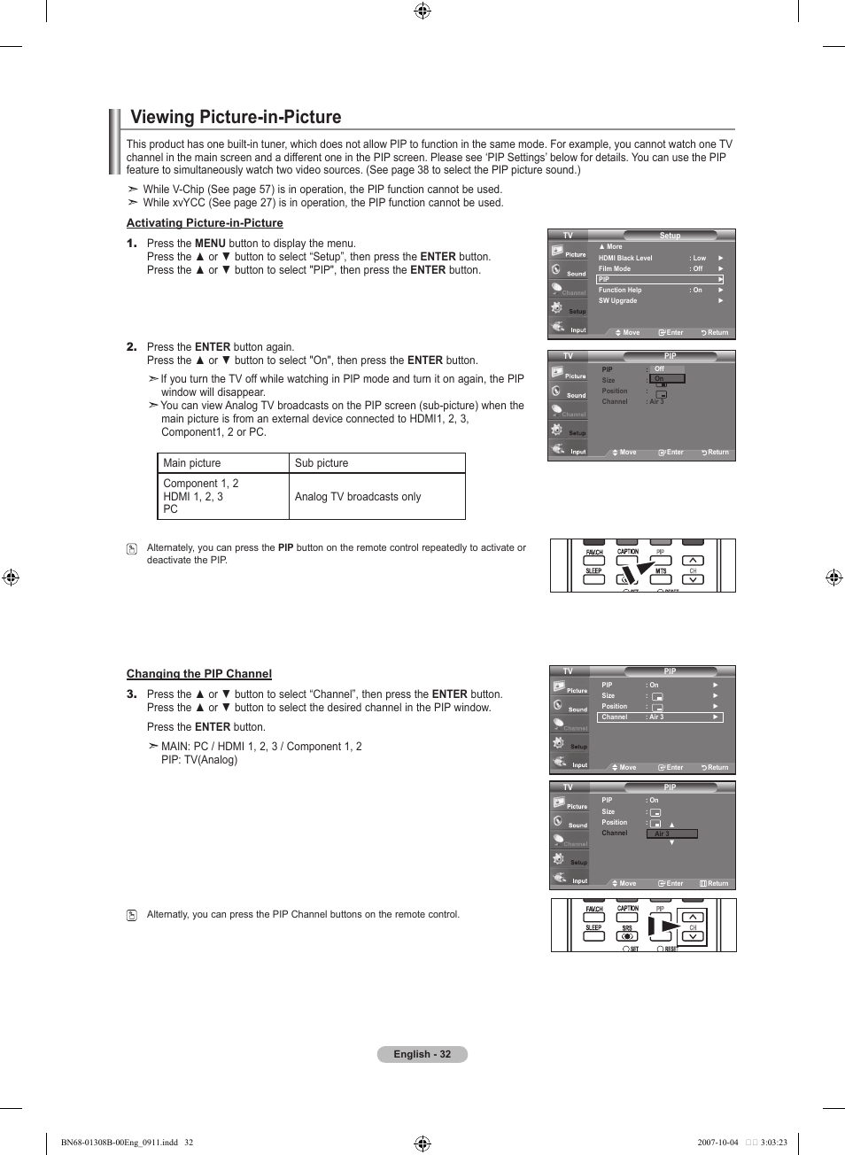 Viewing picture-in-picture, Setting the film mode | Samsung LNT7081FX-XAA User Manual | Page 34 / 266