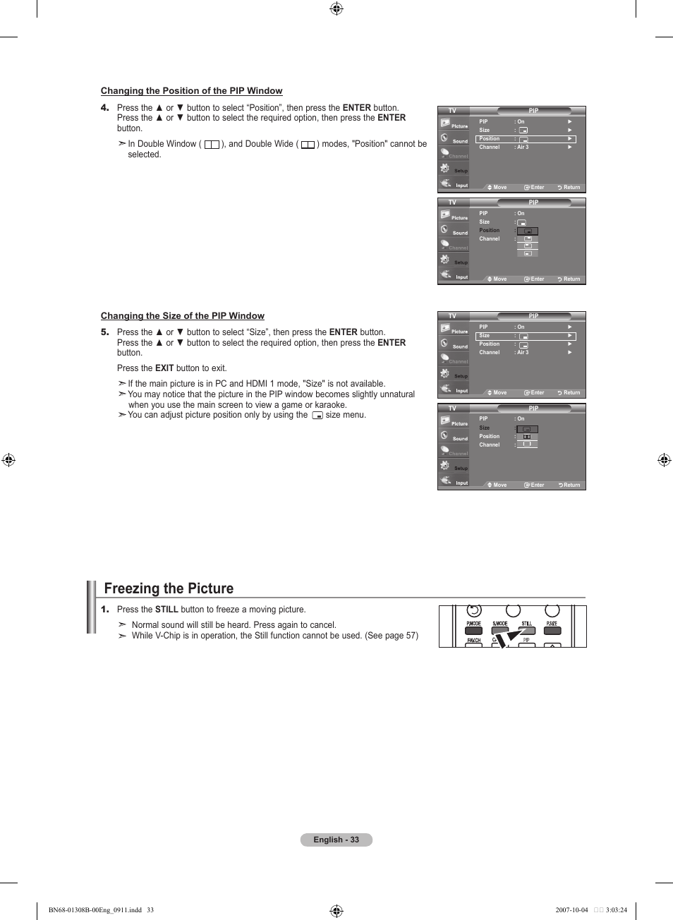 Freezing the picture, Viewing picture-in-picture | Samsung LNT7081FX-XAA User Manual | Page 35 / 266