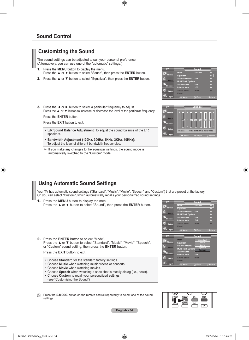Sound control, Customizing the sound, Using automatic sound settings | Samsung LNT7081FX-XAA User Manual | Page 36 / 266