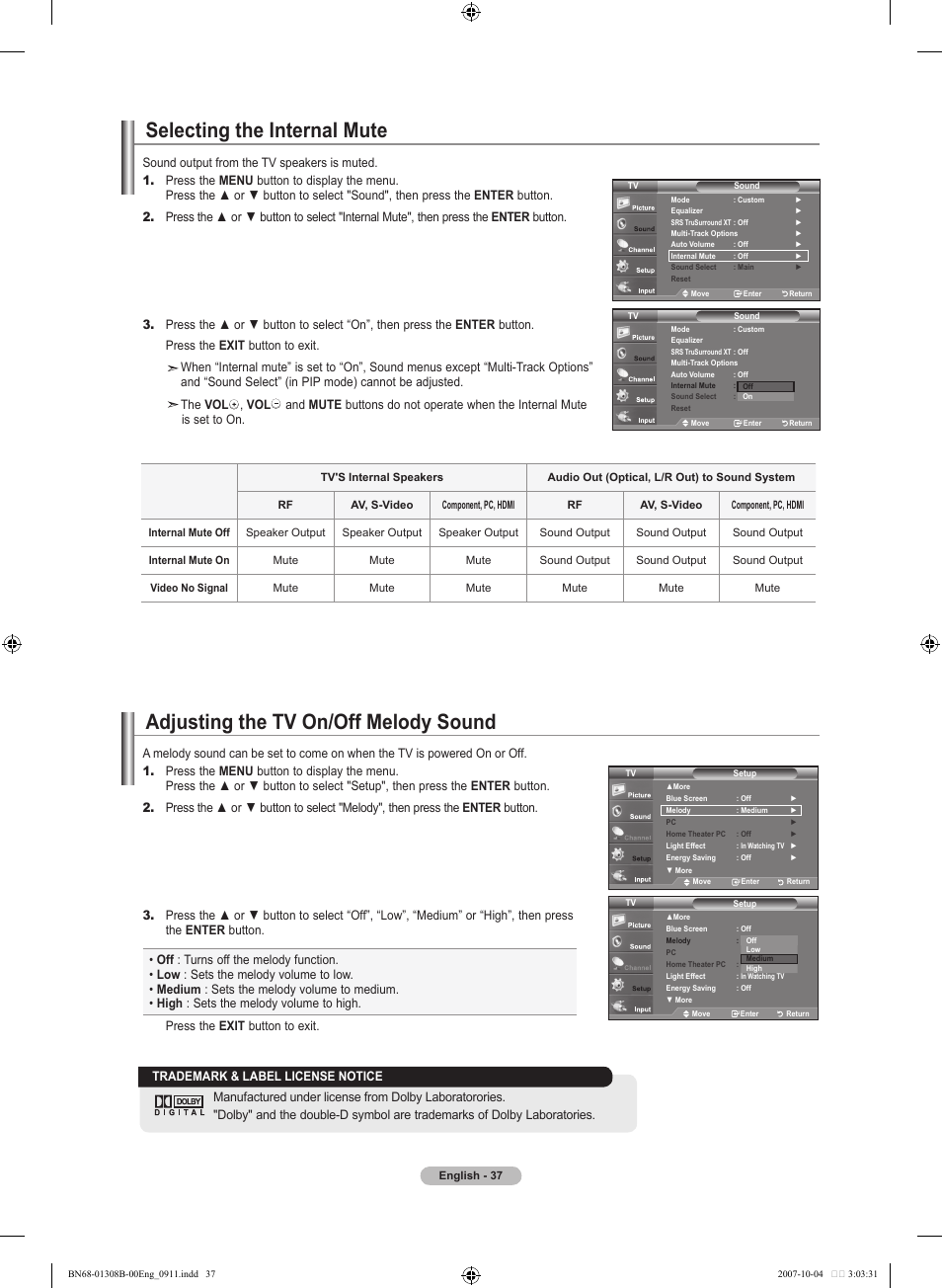 Selecting the internal mute, Adjusting the tv on/off melody sound, Automatic volume control | Samsung LNT7081FX-XAA User Manual | Page 39 / 266
