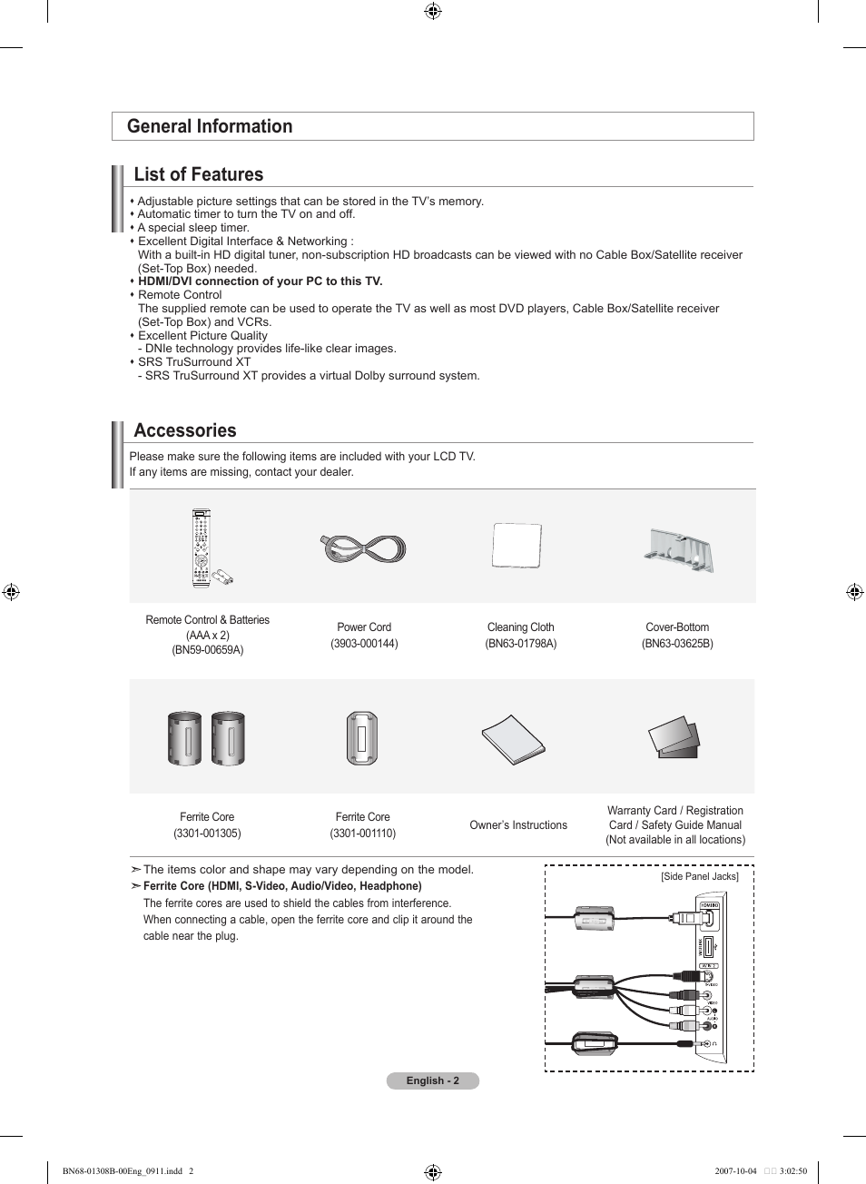 General information, List of features, Accessories | General information list of features | Samsung LNT7081FX-XAA User Manual | Page 4 / 266