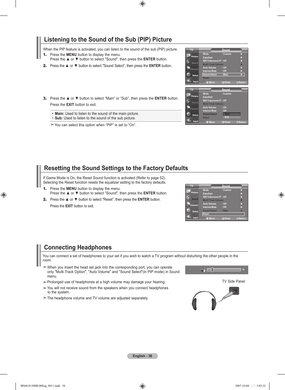 Listening to the sound of the sub (pip) picture, Connecting headphones, Selecting the internal mute | Adjusting the tv on/off melody sound | Samsung LNT7081FX-XAA User Manual | Page 40 / 266