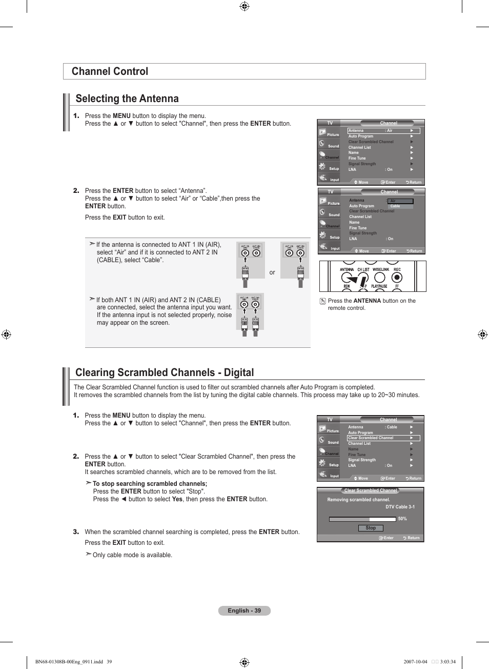 Channel control, Selecting the antenna, Clearing scrambled channels - digital | Channel control selecting the antenna | Samsung LNT7081FX-XAA User Manual | Page 41 / 266