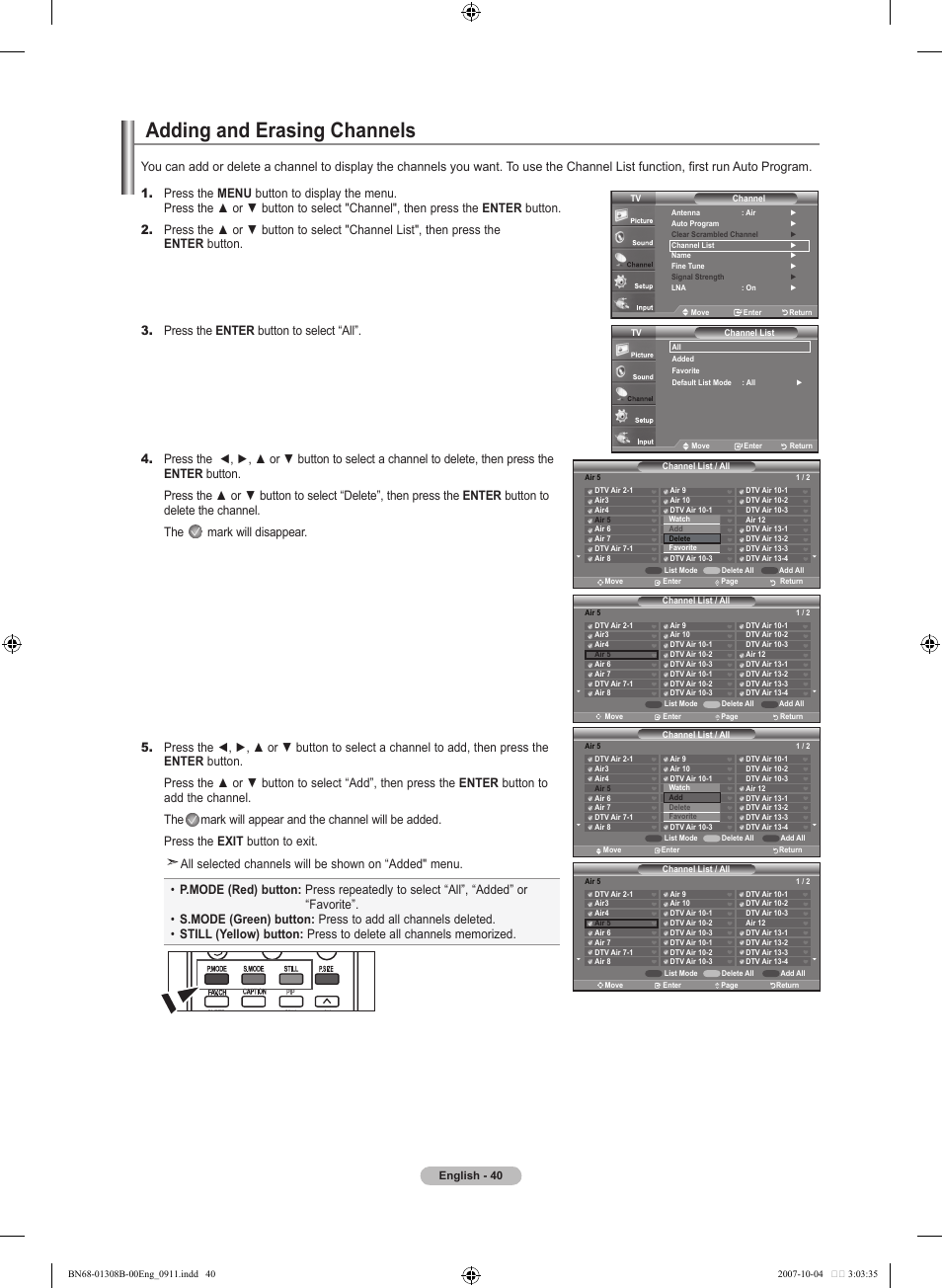 Adding and erasing channels | Samsung LNT7081FX-XAA User Manual | Page 42 / 266