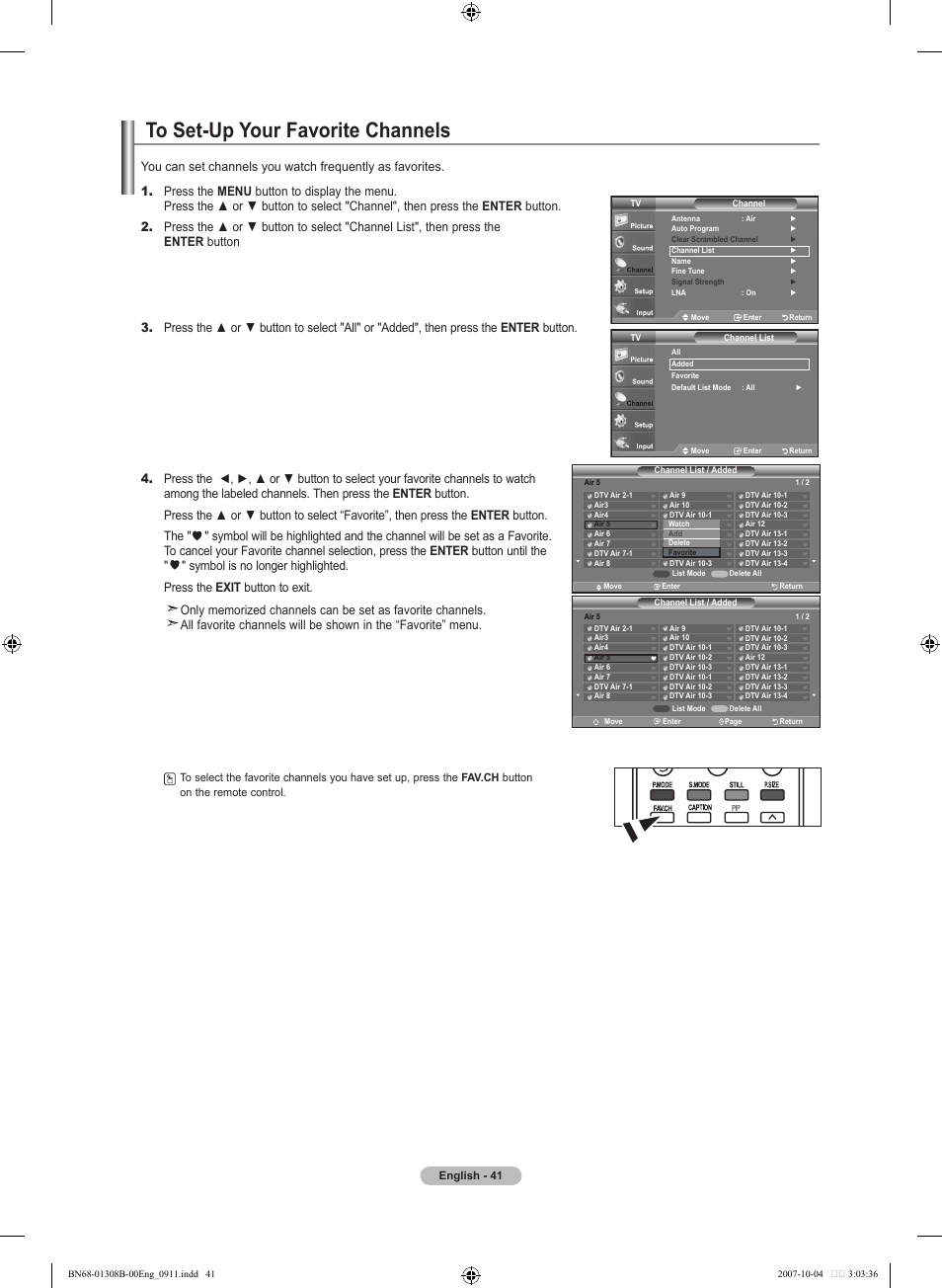 To set-up your favorite channels | Samsung LNT7081FX-XAA User Manual | Page 43 / 266