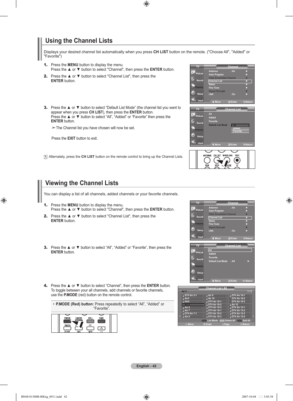 Using the channel lists, Viewing the channel lists | Samsung LNT7081FX-XAA User Manual | Page 44 / 266