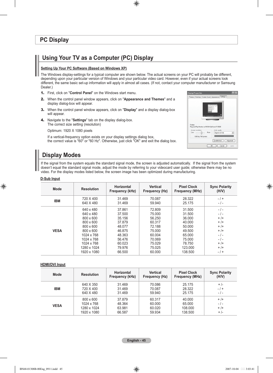 Pc display, Using your tv as a computer (pc) display, Display modes | Pc display display modes | Samsung LNT7081FX-XAA User Manual | Page 47 / 266