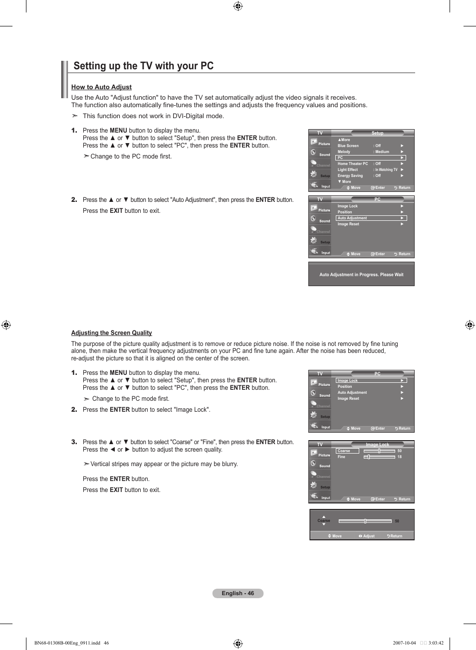 Setting up the tv with your pc, Display modes, This function does not work in dvi-digital mode | Samsung LNT7081FX-XAA User Manual | Page 48 / 266