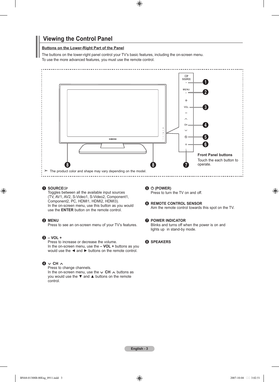 Viewing the control panel | Samsung LNT7081FX-XAA User Manual | Page 5 / 266