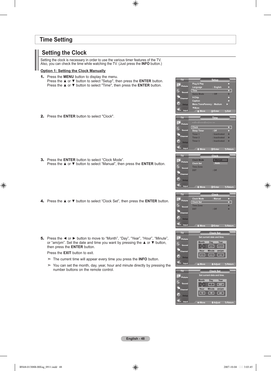Time setting, Setting the clock | Samsung LNT7081FX-XAA User Manual | Page 50 / 266