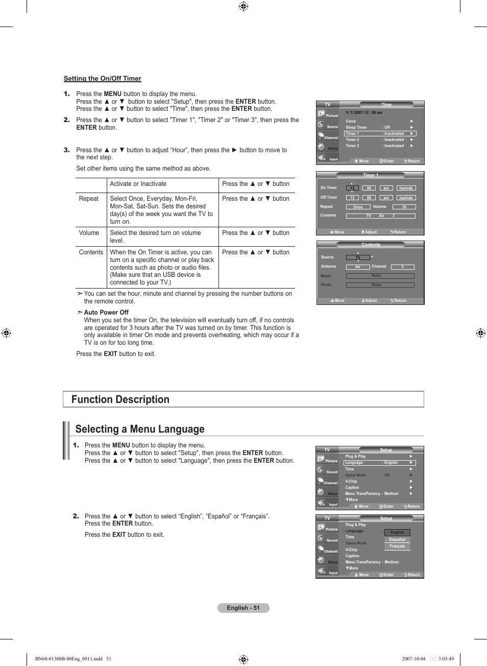 Function description, Selecting a menu language | Samsung LNT7081FX-XAA User Manual | Page 53 / 266