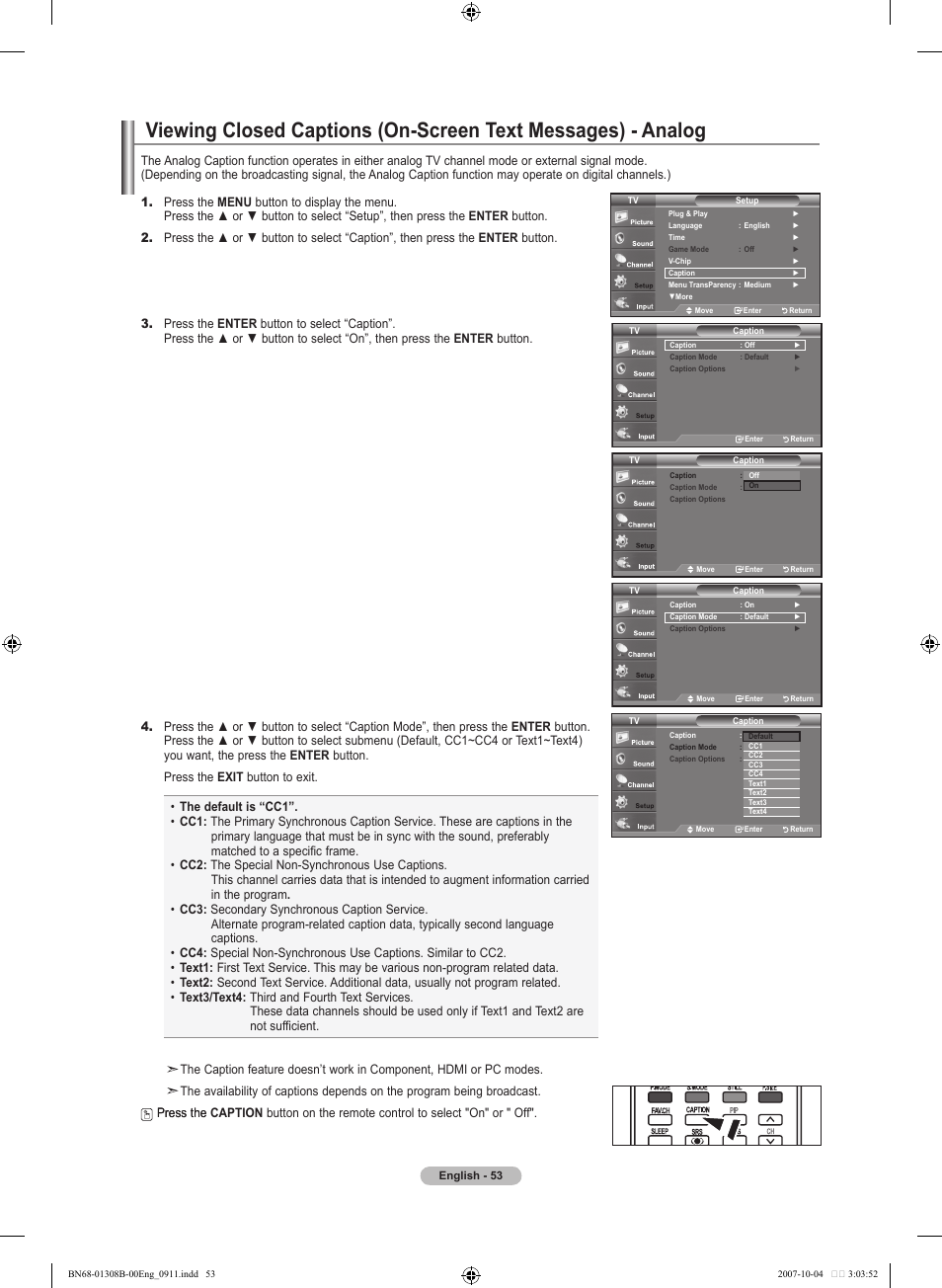 Using the game mode, Viewing closed captions (on-screen text messages) | Samsung LNT7081FX-XAA User Manual | Page 55 / 266