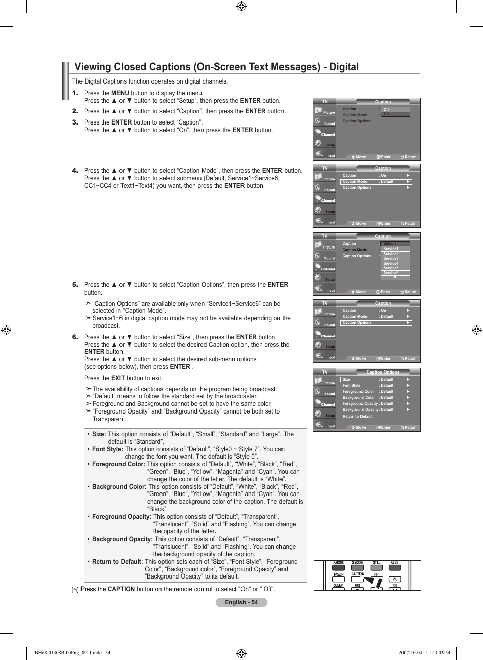 Analog, Viewing closed captions (on-screen text messages) | Samsung LNT7081FX-XAA User Manual | Page 56 / 266