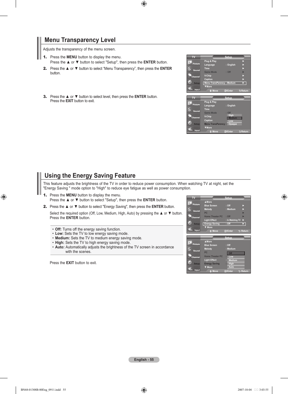 Menu transparency level, Using the energy saving feature, Digital | Samsung LNT7081FX-XAA User Manual | Page 57 / 266