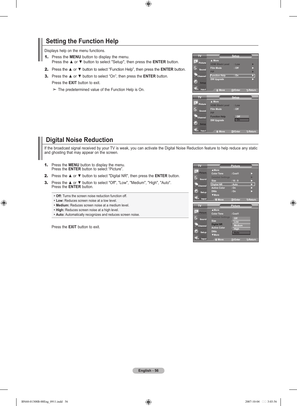 Setting the function help, Digital noise reduction, Using the energy saving feature | Press the exit button to exit, Displays help on the menu functions | Samsung LNT7081FX-XAA User Manual | Page 58 / 266