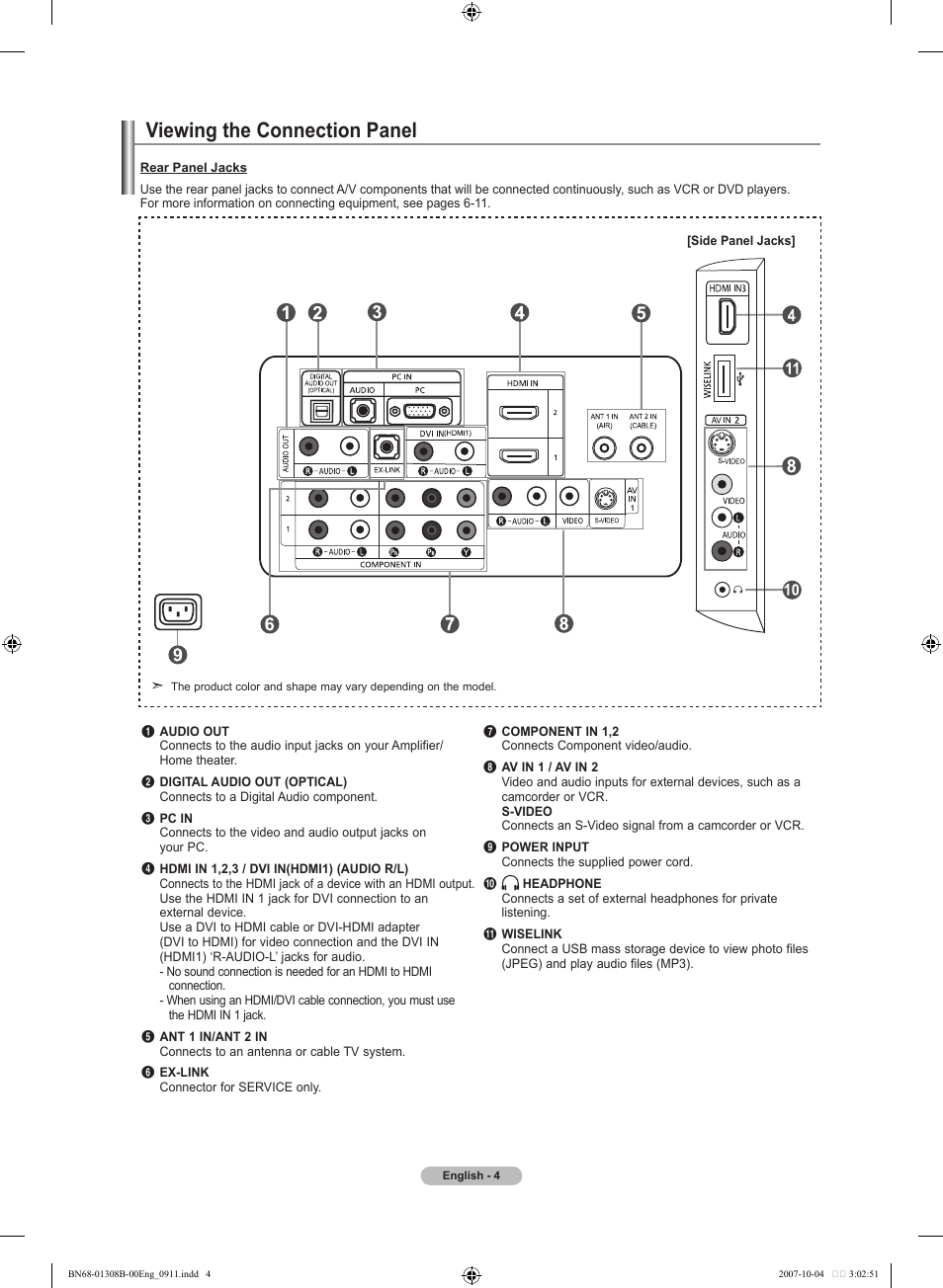 Viewing the connection panel | Samsung LNT7081FX-XAA User Manual | Page 6 / 266