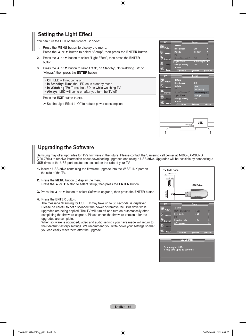 Setting the light effect, Upgrading the software, Using the v-chip | Samsung LNT7081FX-XAA User Manual | Page 66 / 266