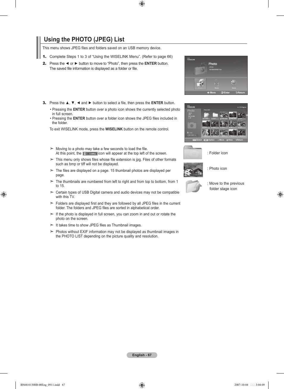 Using the photo (jpeg) list, Using the wiselink function | Samsung LNT7081FX-XAA User Manual | Page 69 / 266