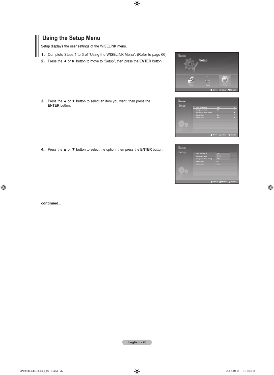 Using the setup menu, Using the photo (jpeg) list, English - 76 | Samsung LNT7081FX-XAA User Manual | Page 78 / 266