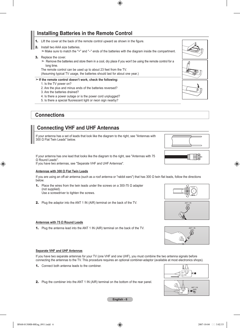Installing batteries in the remote control, Connections, Connecting vhf and uhf antennas | Samsung LNT7081FX-XAA User Manual | Page 8 / 266