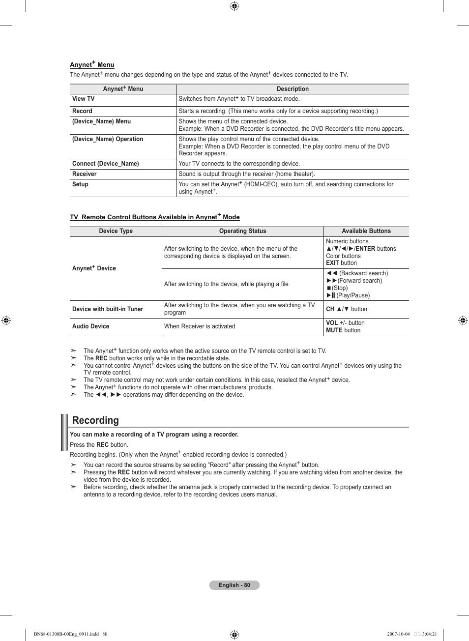 Recording, Setting up anynet | Samsung LNT7081FX-XAA User Manual | Page 82 / 266
