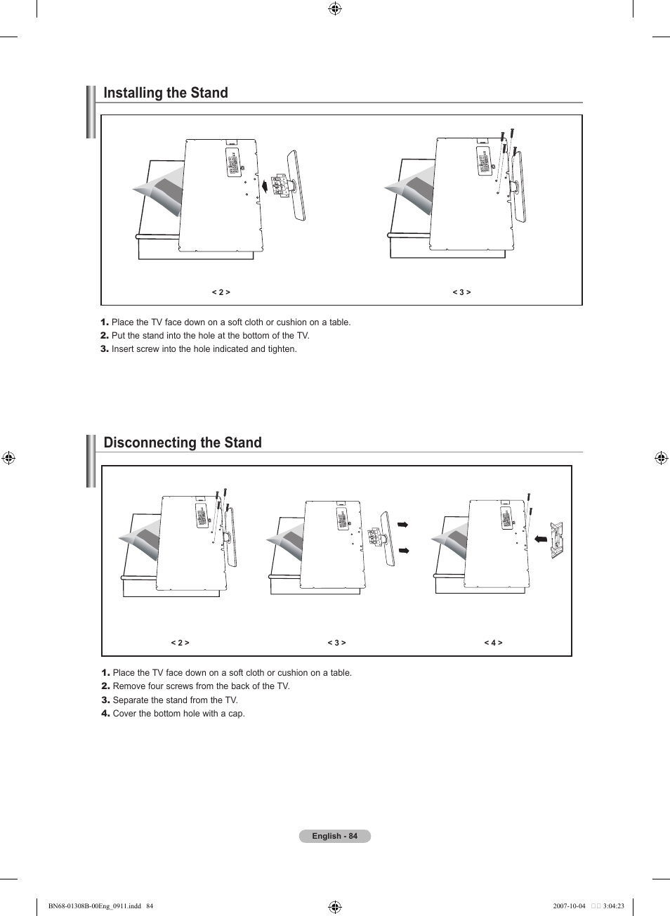 Installing the stand, Disconnecting the stand, Appendix | Troubleshooting | Samsung LNT7081FX-XAA User Manual | Page 86 / 266