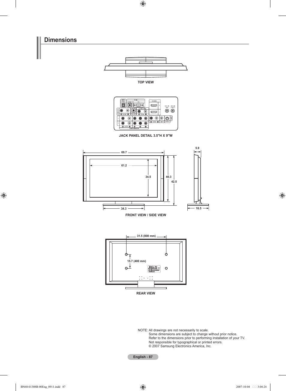 Dimensions | Samsung LNT7081FX-XAA User Manual | Page 89 / 266