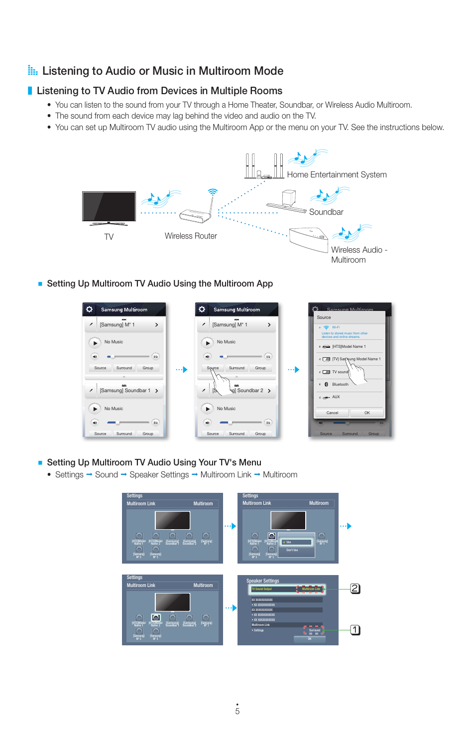 A listening to audio or music in multiroom mode, Setting up multiroom tv audio using your tv's menu | Samsung Multiroom Link (User Manual) User Manual | Page 5 / 9