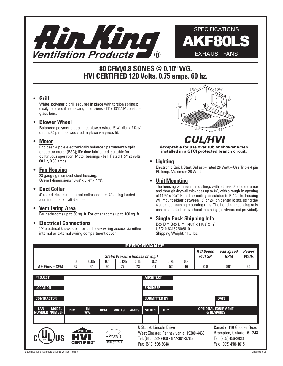 Air King EXHAUST FANS AKF80LS User Manual | 1 page