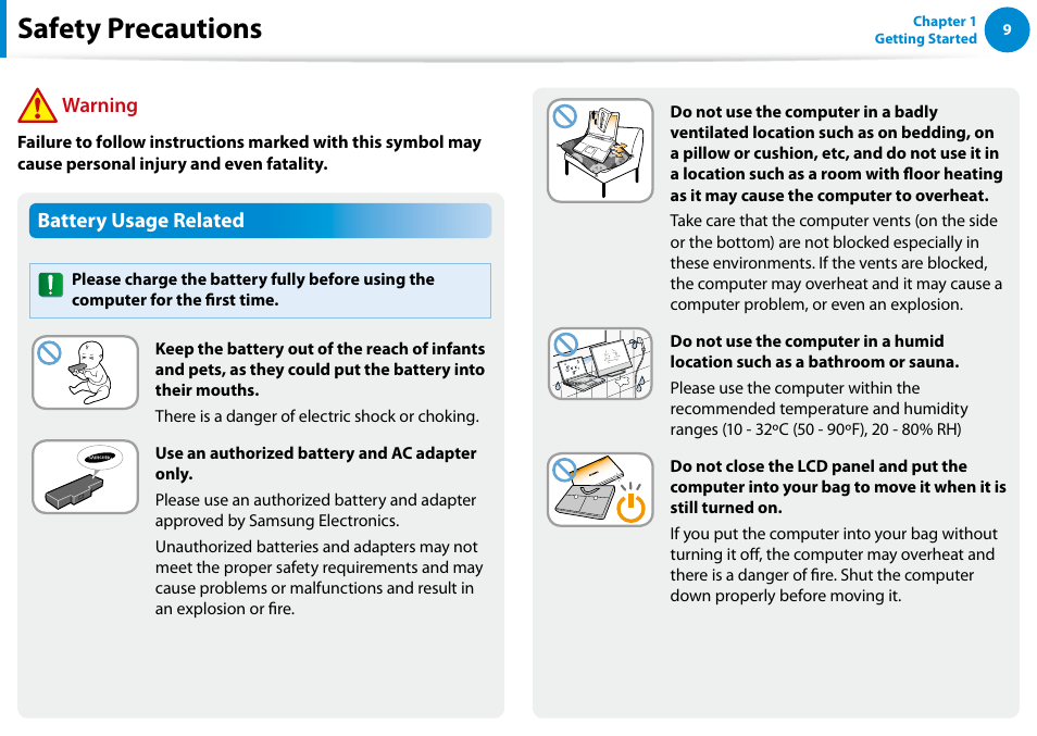 Safety precautions, Battery usage related, Warning | Samsung NP900X4D-A04US User Manual | Page 10 / 138