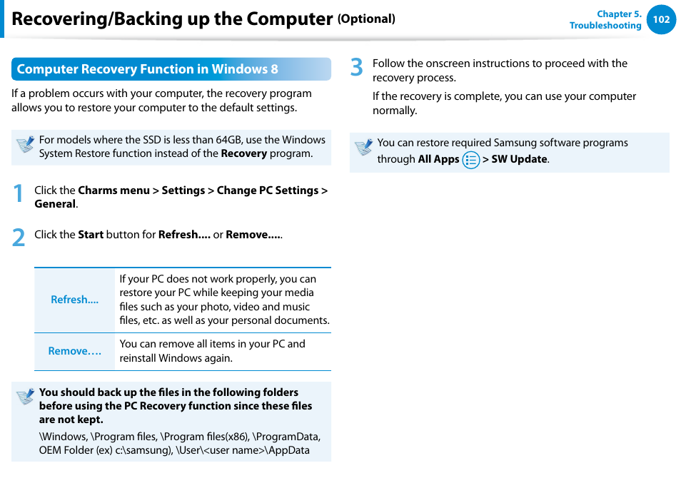 Recovering/backing up the computer | Samsung NP900X4D-A04US User Manual | Page 103 / 138