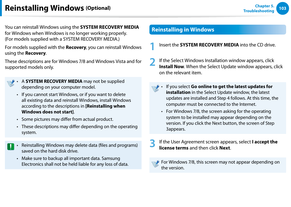Reinstalling windows (optional), Reinstalling windows | Samsung NP900X4D-A04US User Manual | Page 104 / 138