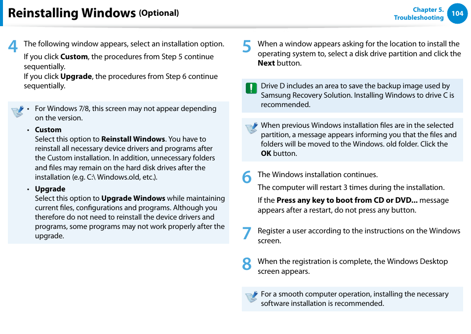 Reinstalling windows | Samsung NP900X4D-A04US User Manual | Page 105 / 138