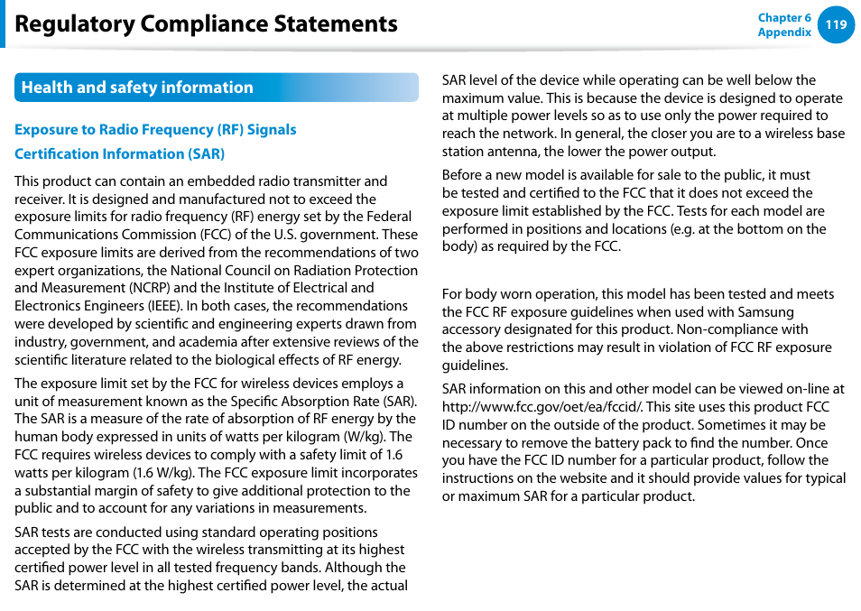 Regulatory compliance statements | Samsung NP900X4D-A04US User Manual | Page 120 / 138