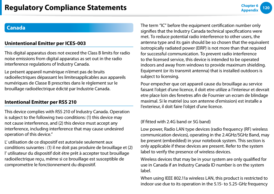 Regulatory compliance statements | Samsung NP900X4D-A04US User Manual | Page 121 / 138