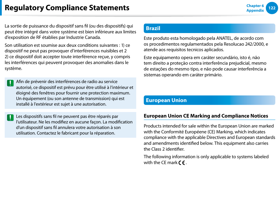 Regulatory compliance statements | Samsung NP900X4D-A04US User Manual | Page 123 / 138