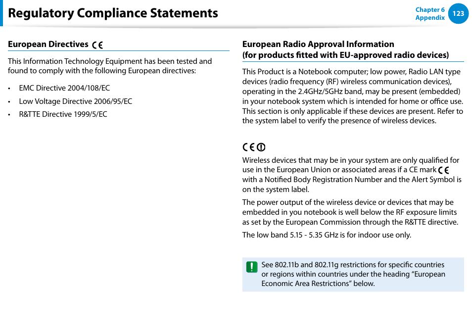 Regulatory compliance statements | Samsung NP900X4D-A04US User Manual | Page 124 / 138