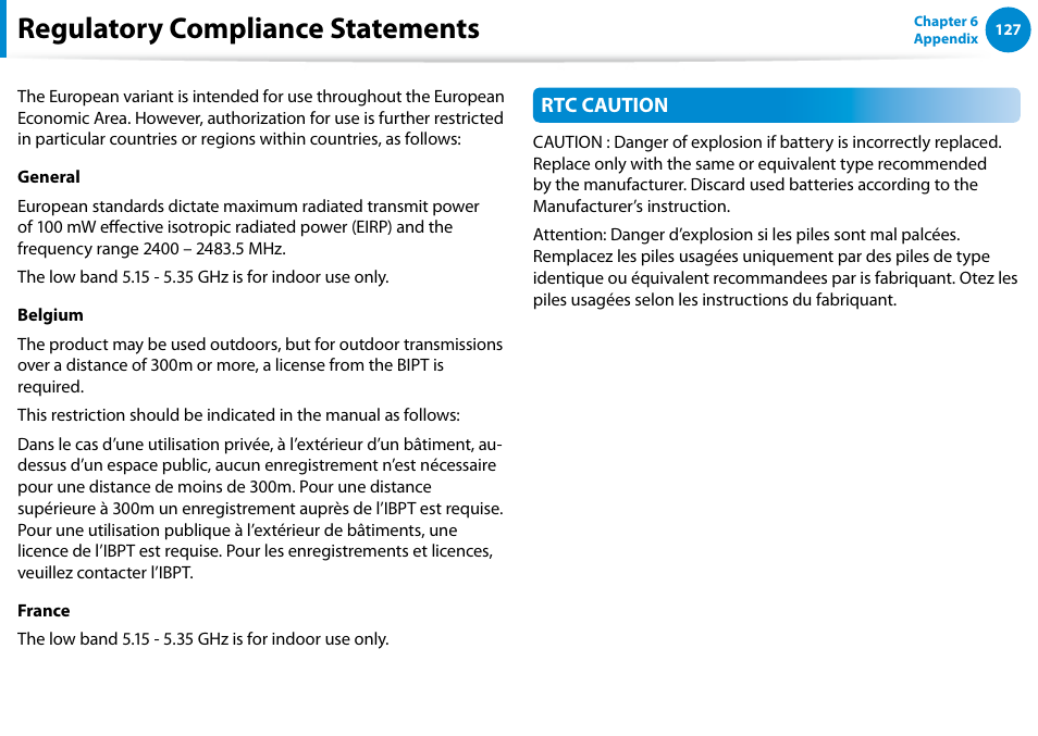 Regulatory compliance statements | Samsung NP900X4D-A04US User Manual | Page 128 / 138