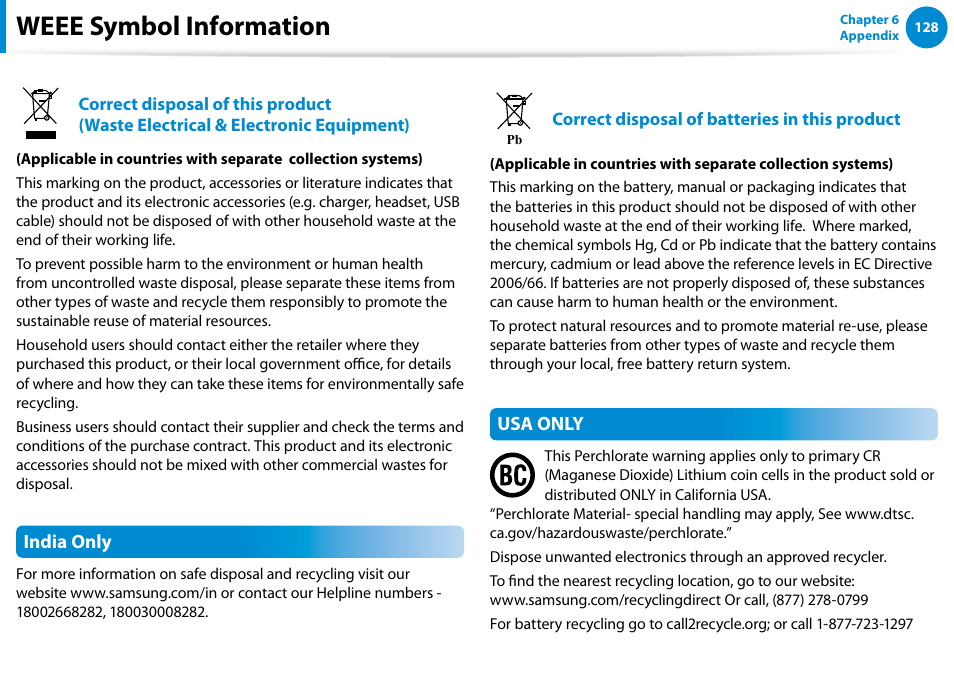 Weee symbol information, India only, Usa only | Samsung NP900X4D-A04US User Manual | Page 129 / 138