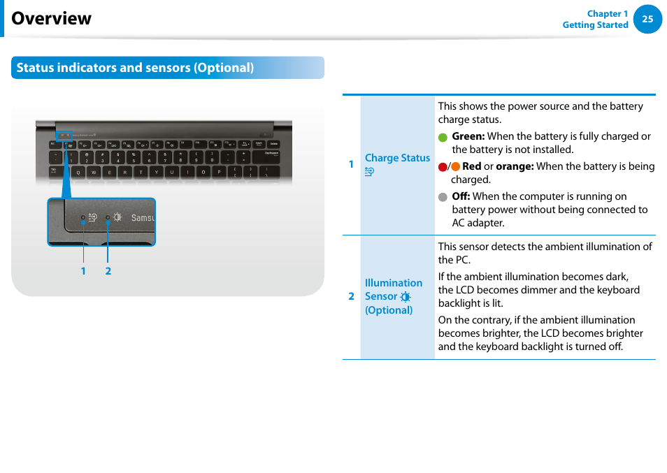 Overview, Status indicators and sensors (optional) | Samsung NP900X4D-A04US User Manual | Page 26 / 138
