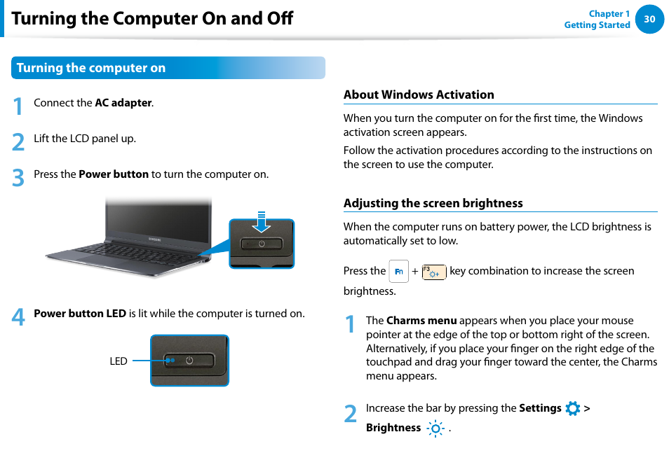 Turning the computer on and off | Samsung NP900X4D-A04US User Manual | Page 31 / 138